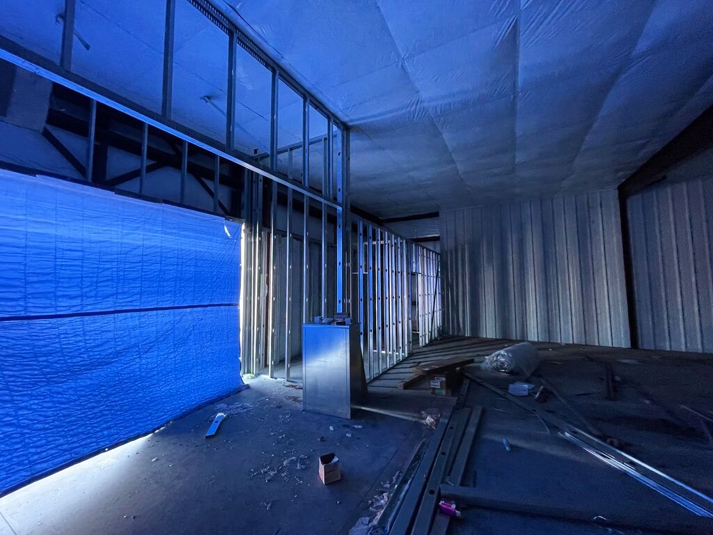 Interior metal framing during commercial build-out in Le Grand, Iowa